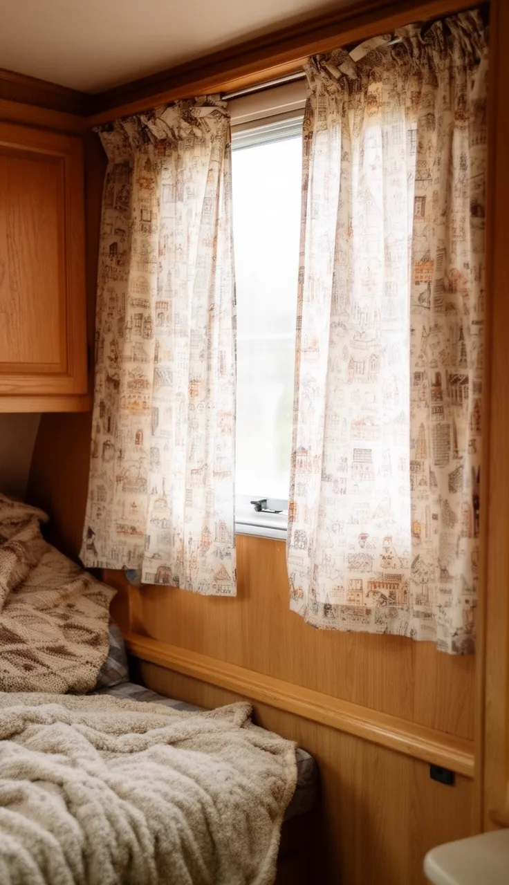 Upcycled curtains made from a patterned tablecloth hanging in a budget camper window