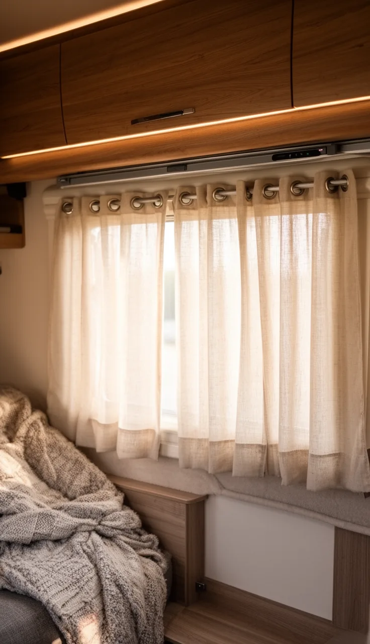 Grommet-top camper curtains hanging in even folds at a sleek modern RV window