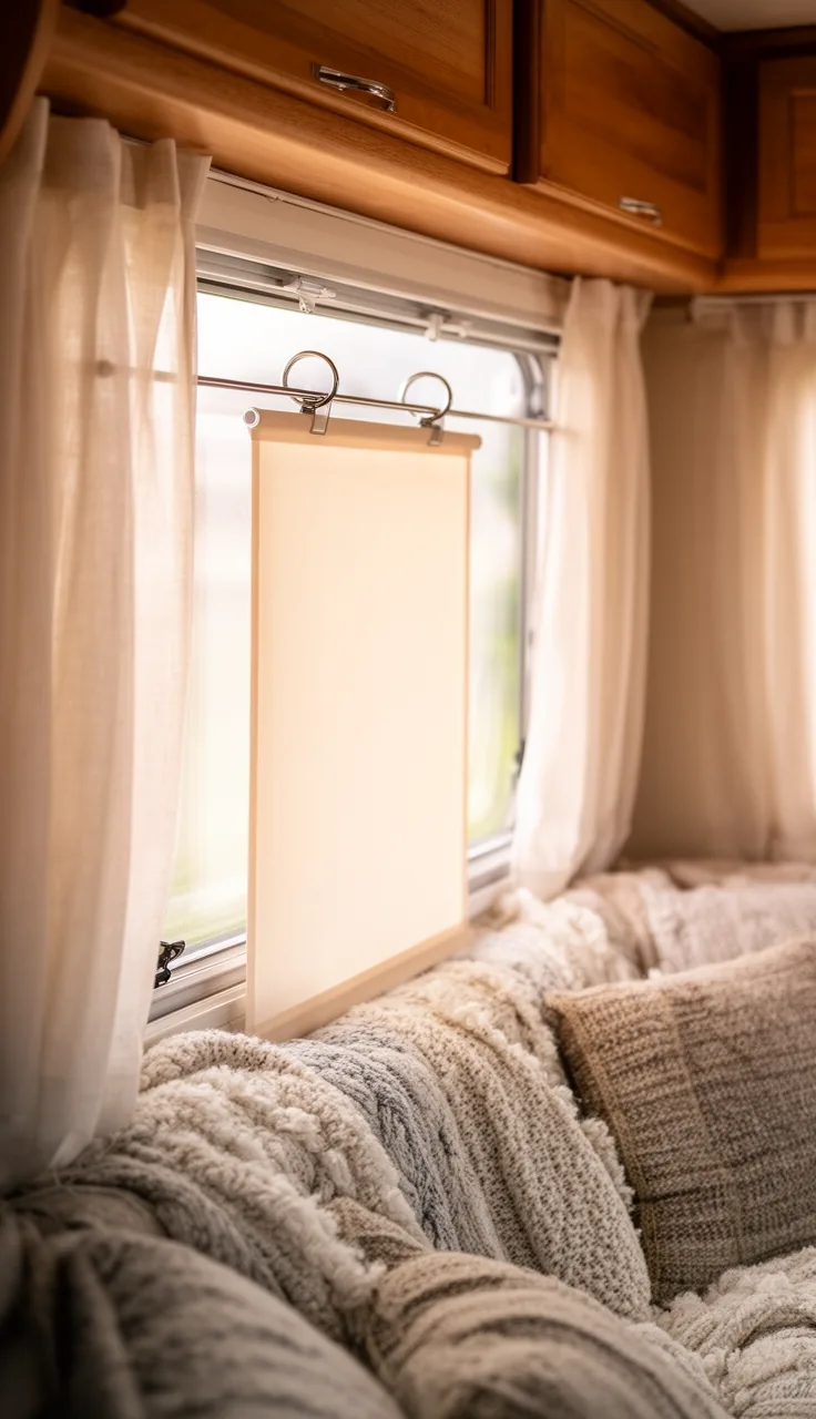 Curtain clip rings holding a light panel on a slim rod in a bright camper window