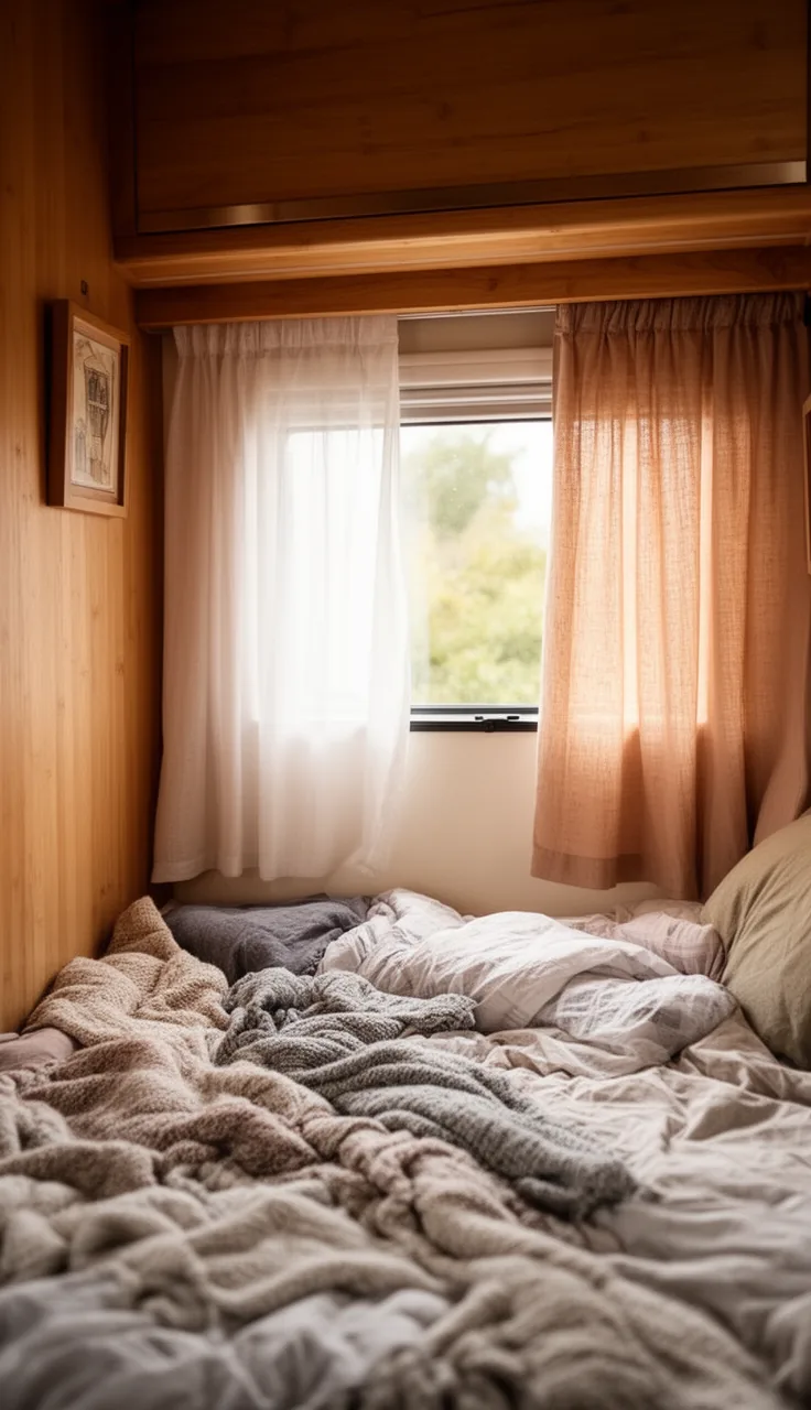A little curtain giving a child's camper bunk its own cozy, private nook
