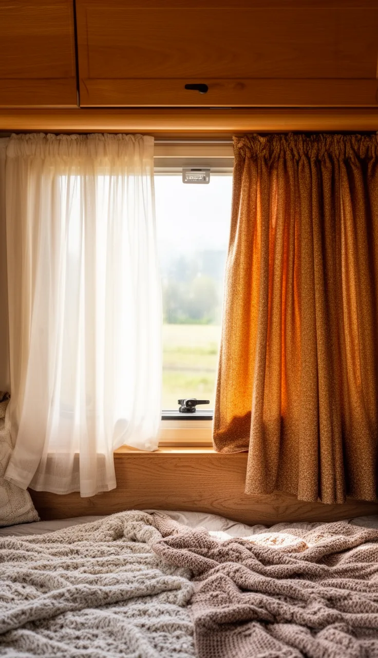Two folded curtain sets, one airy and light, one warm and heavy, beside a camper window