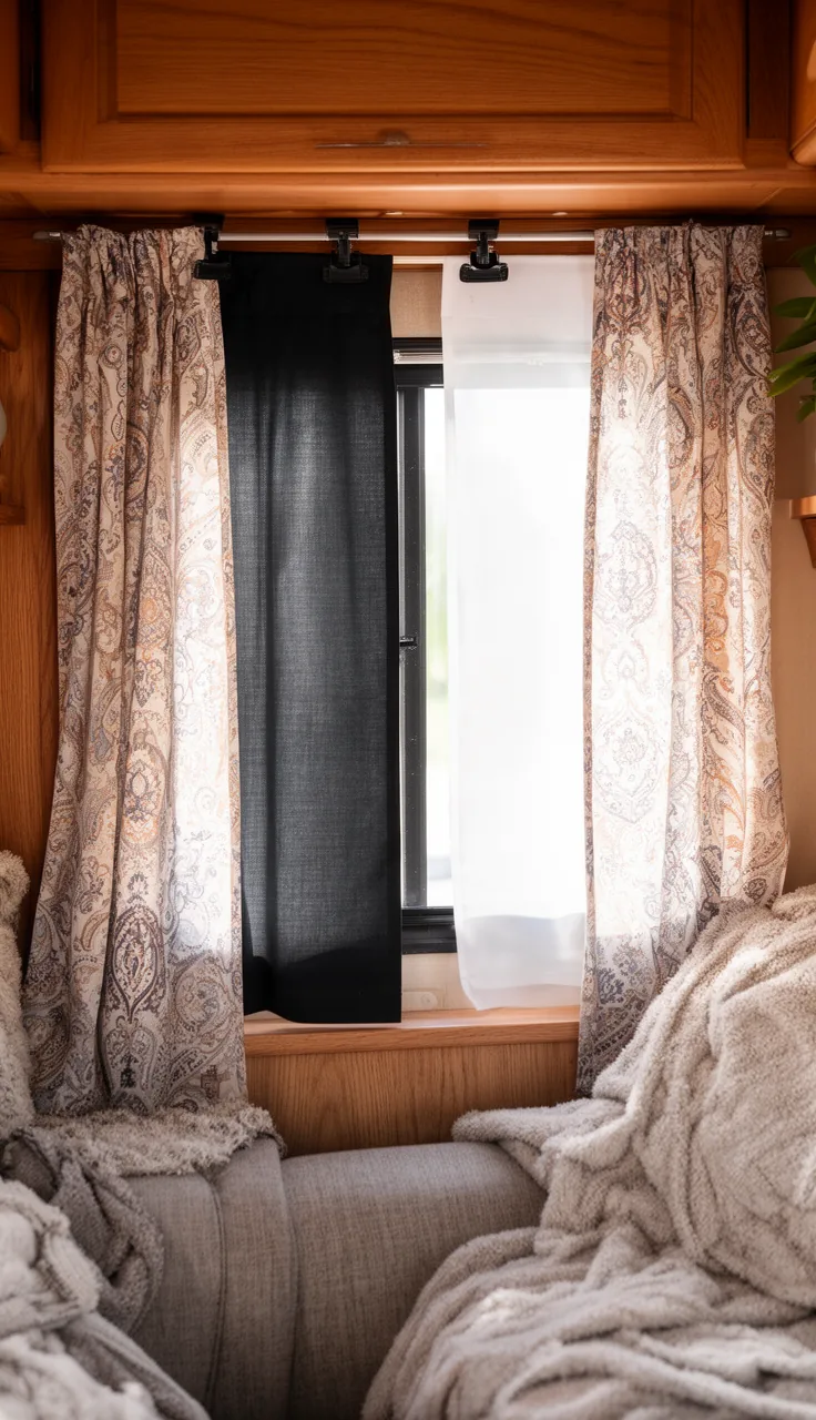 A pretty patterned curtain with a hidden blackout liner clipped behind it at an RV window