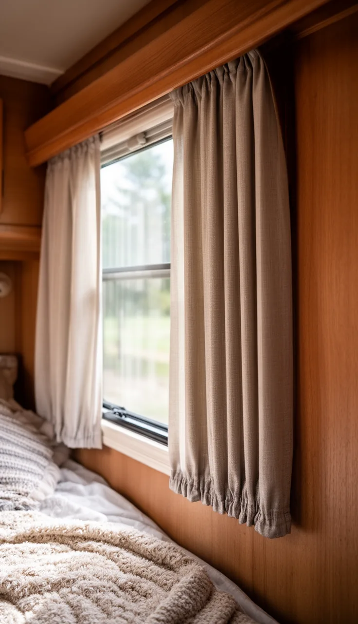 Camper curtains with a neat weighted hem hanging straight and still along an RV wall