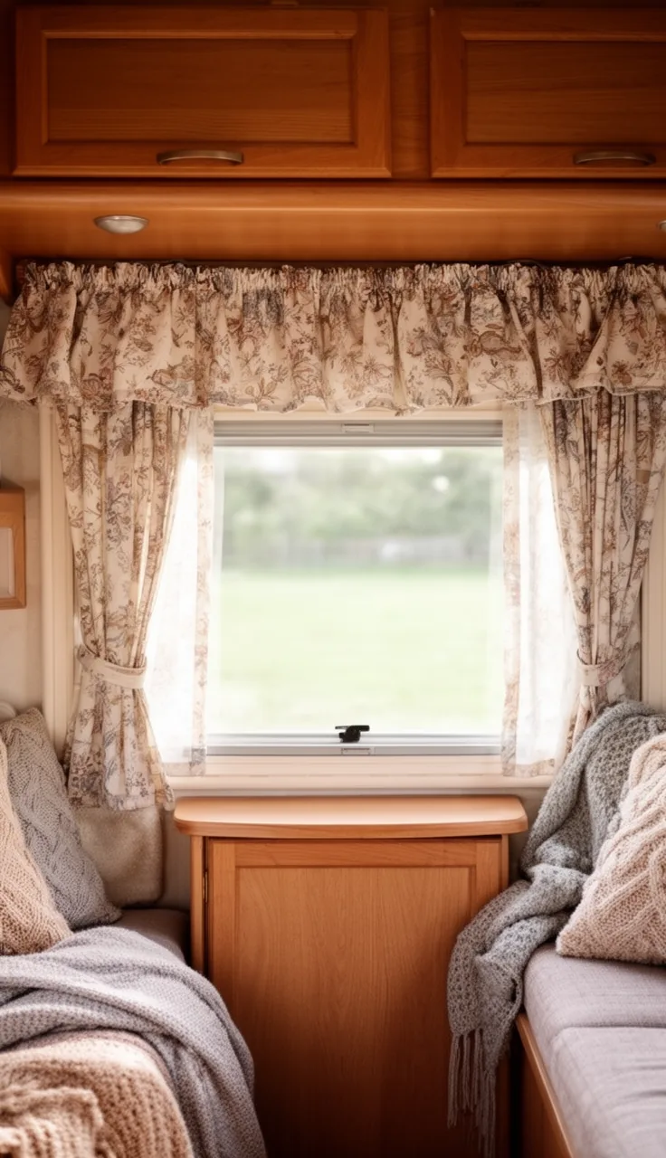A coordinated valance and side curtains in the same fabric framing a tidy camper window