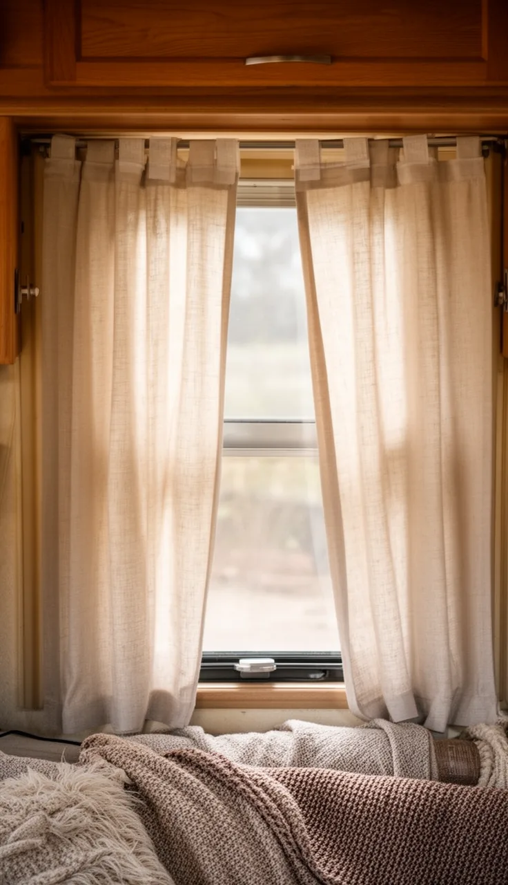 no-sew camper curtain in soft oatmeal linen hung with hem tape over a warm RV window