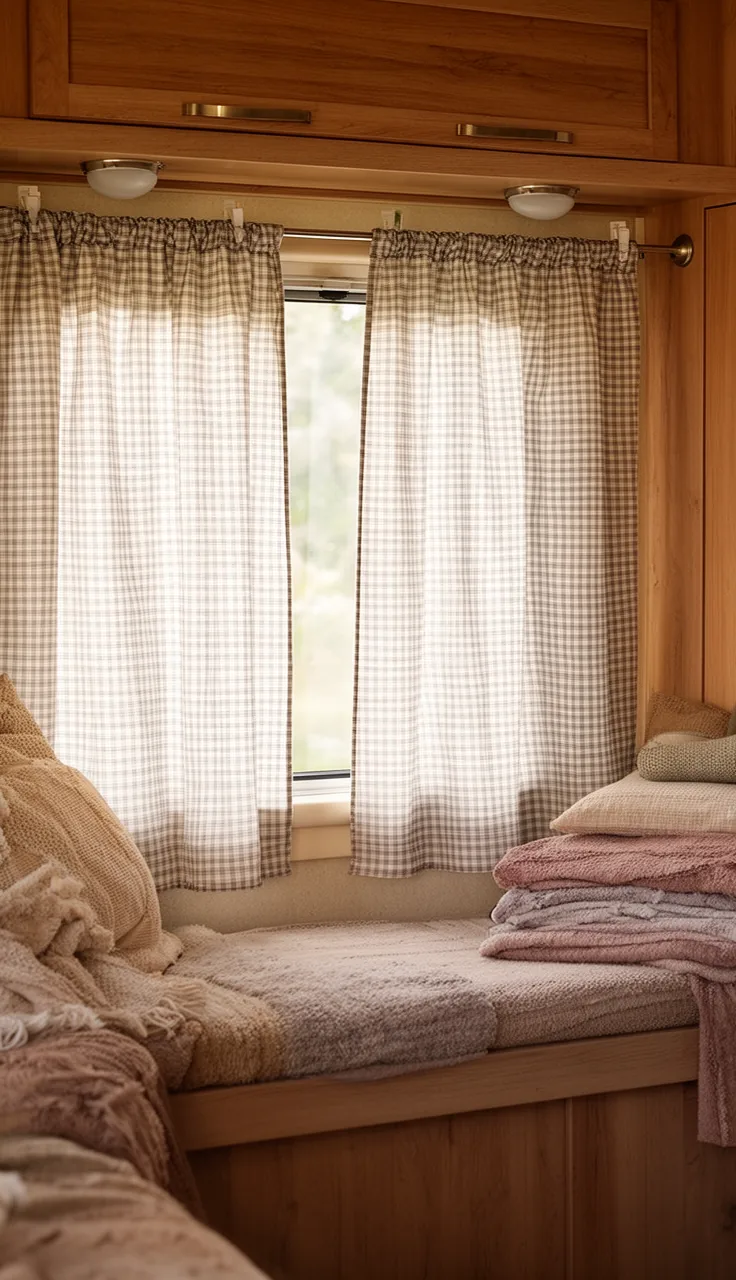 no-sew gingham camper kitchen curtain pressed flat and clipped to a slim rod
