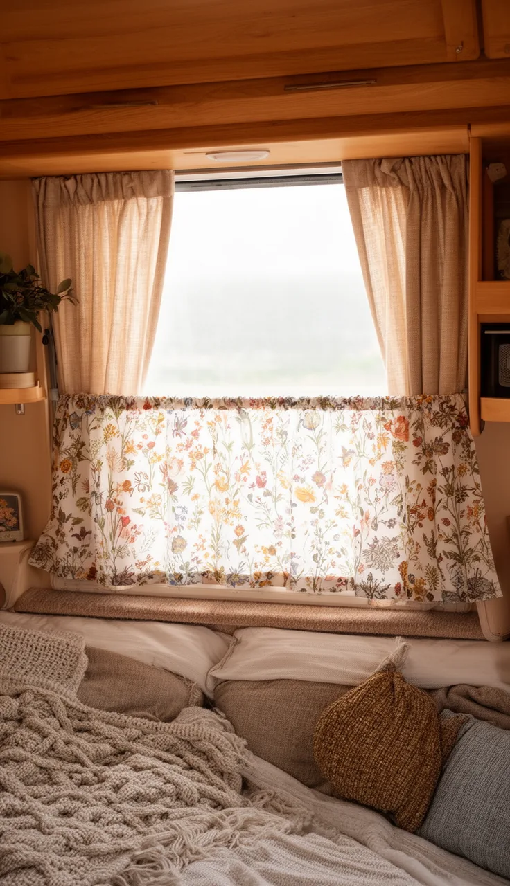 no-sew floral cafe curtain covering the lower half of a cozy camper window