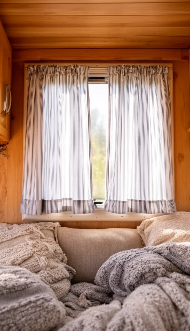 no-sew ticking-stripe camper curtain with a folded hem in a bright little rig