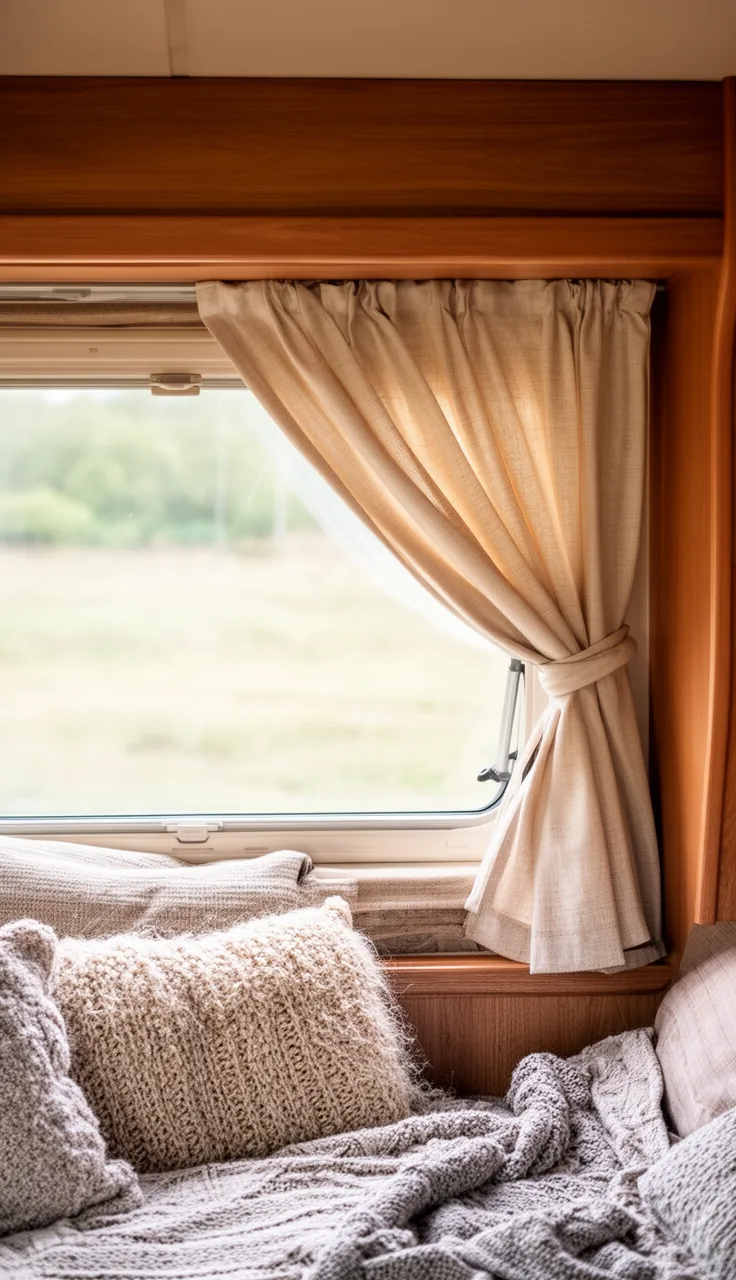 no-sew neutral canvas camper curtain sweeping to one side with a fabric tie-back