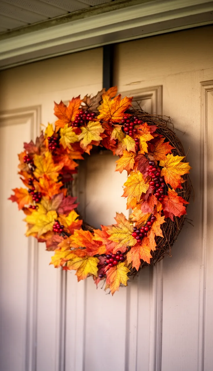 Weatherproof faux maple and berry fall wreath on an exposed porch door