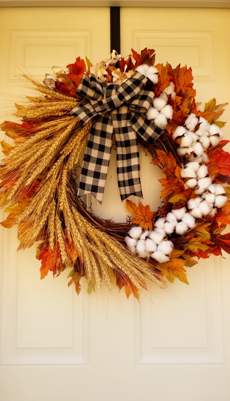Farmhouse wheat and cotton fall wreath on a cream door
