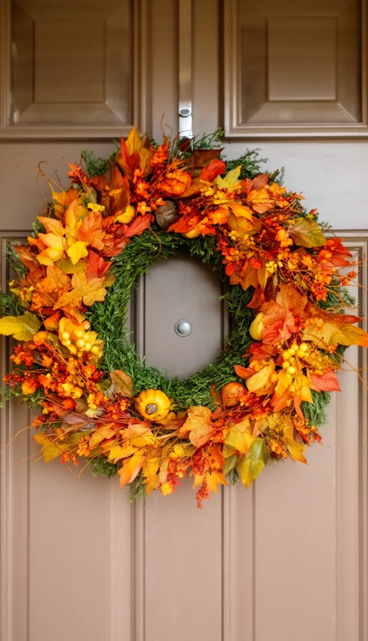 Summer wreath restyled into a fall wreath with gourds