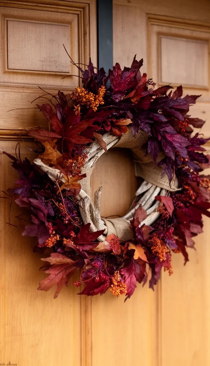 Sun-resistant rust and plum fall wreath on a sunny door