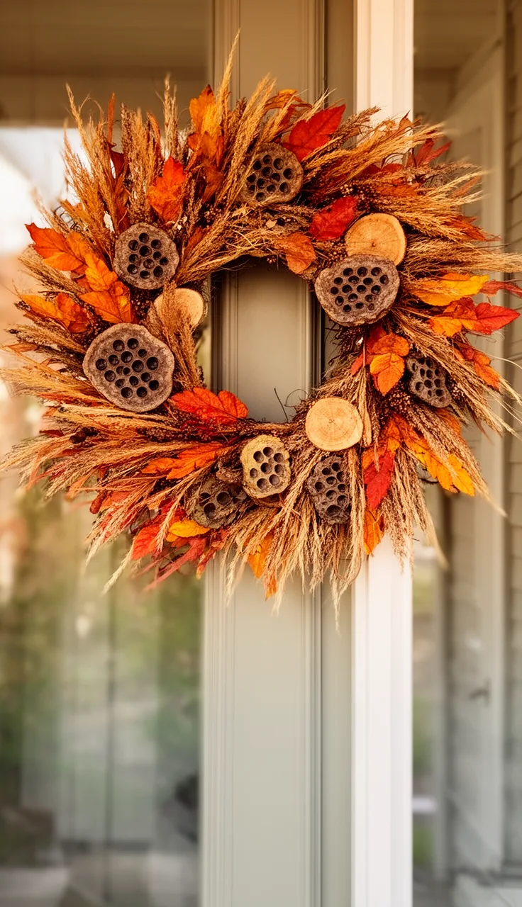 Sturdy dried seed pod and grass fall wreath