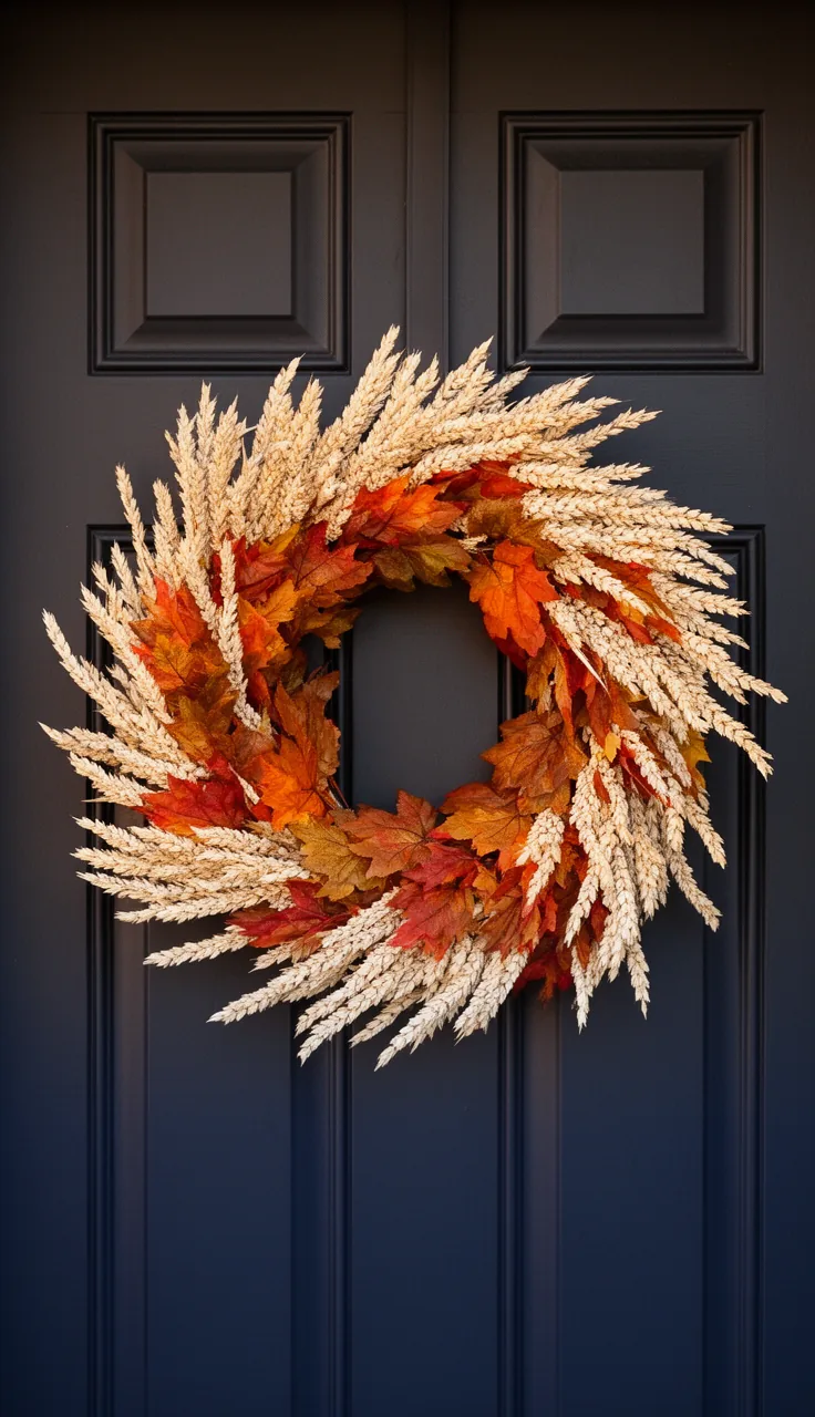 Pale cream fall wreath on a dark charcoal door