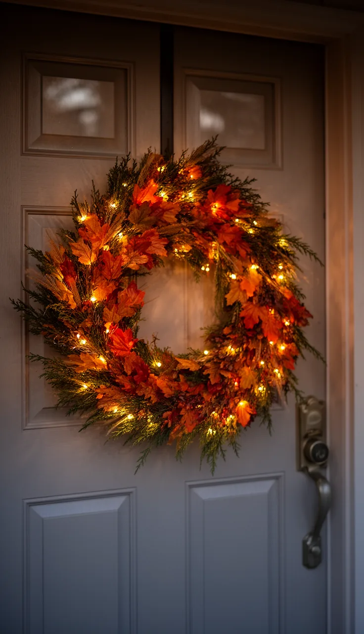 Fall wreath with warm white fairy lights at dusk