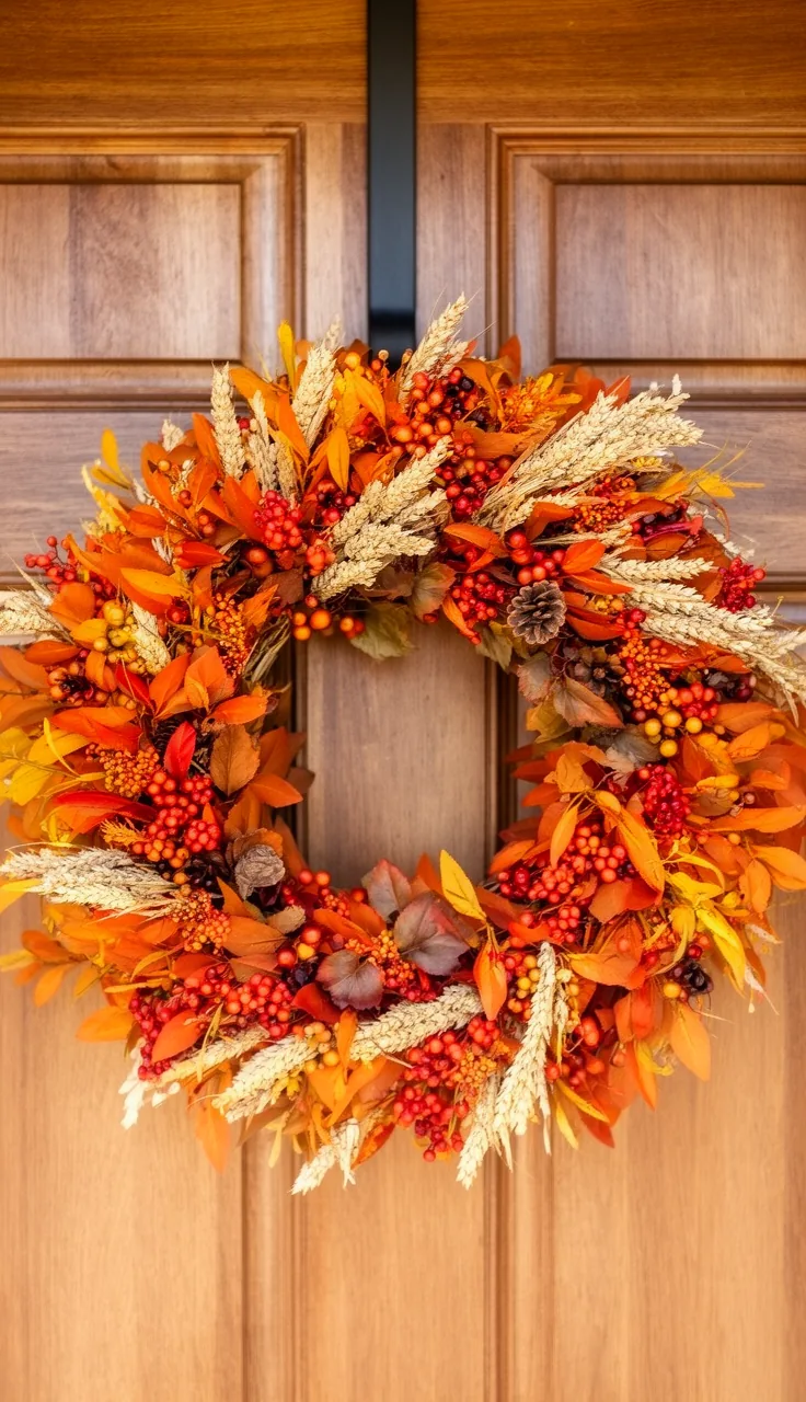 Neutral wheat and berry fall wreath for Thanksgiving