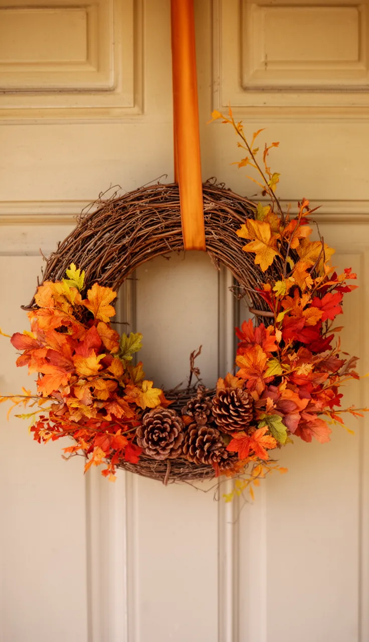 Budget-friendly grapevine fall wreath with pinecones and ribbon