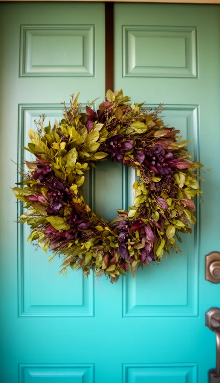 Jewel-tone fall wreath on a bold teal door