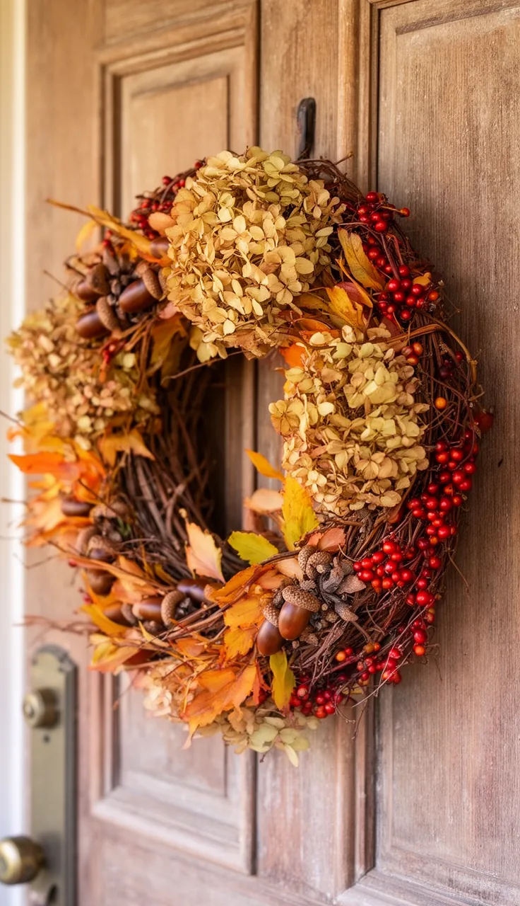 Sustainable yard-clipping fall wreath with hydrangea