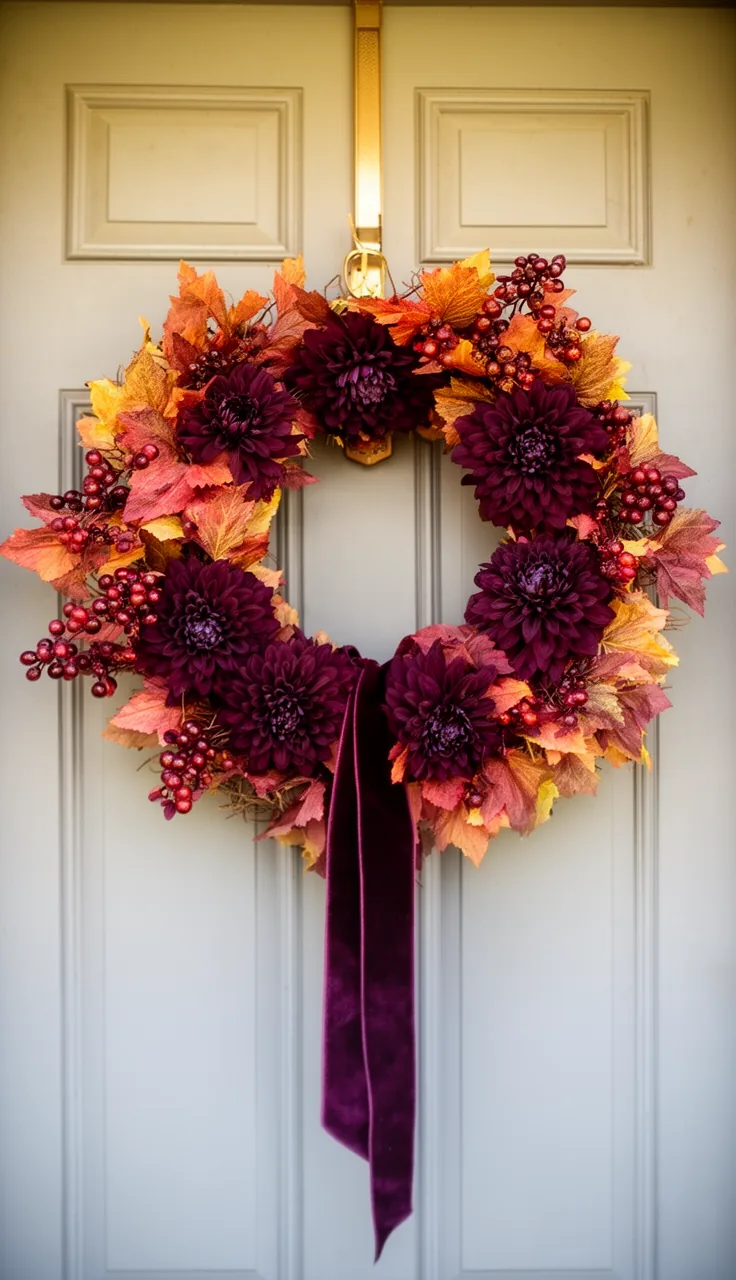 Burgundy and plum dahlia fall wreath on a gray door
