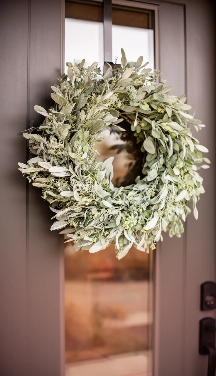 Eucalyptus and sage-green fall wreath on a modern door