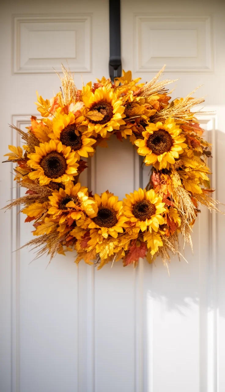 Sunflower and mustard-yellow fall wreath on a white door