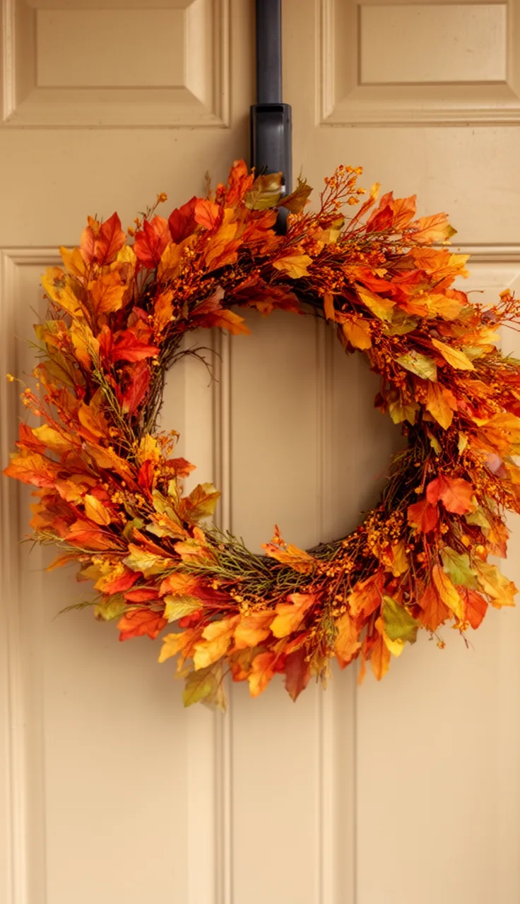 Easy no-craft greenery fall wreath on a front door