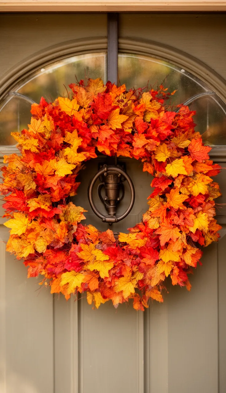 Realistic faux foliage fall wreath on a cottage door