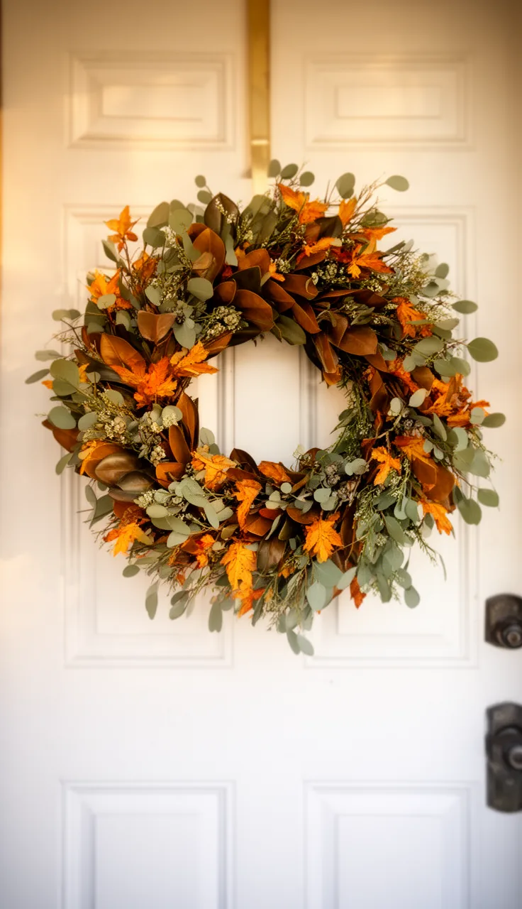 Fresh magnolia and eucalyptus fall wreath on a white door