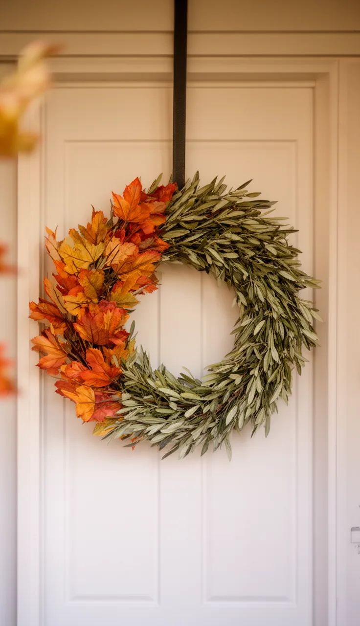 Minimalist olive branch fall wreath on a modern door