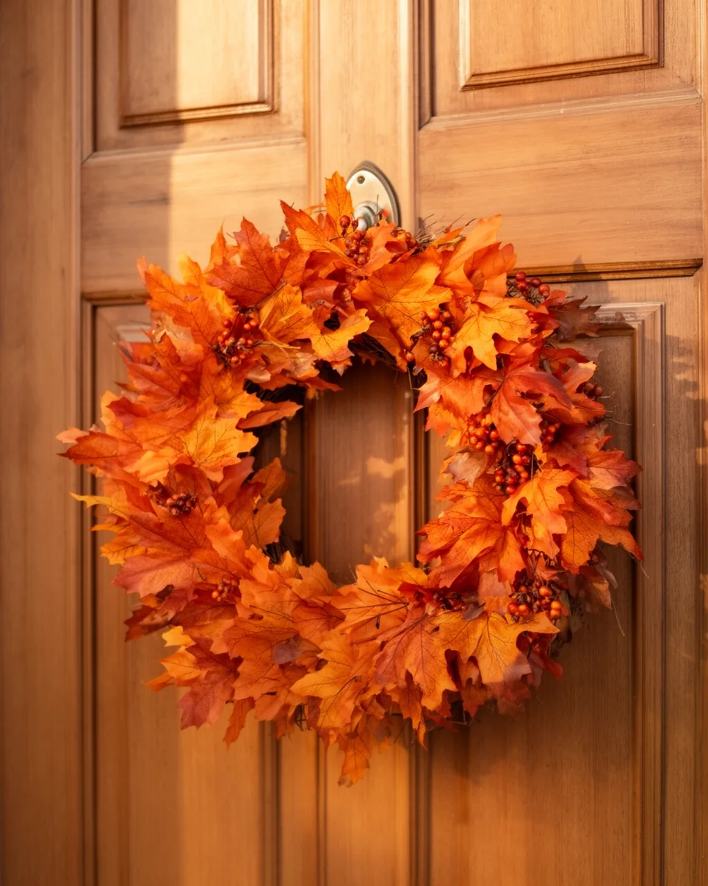 Orange and rust maple leaf fall wreath on a wood door