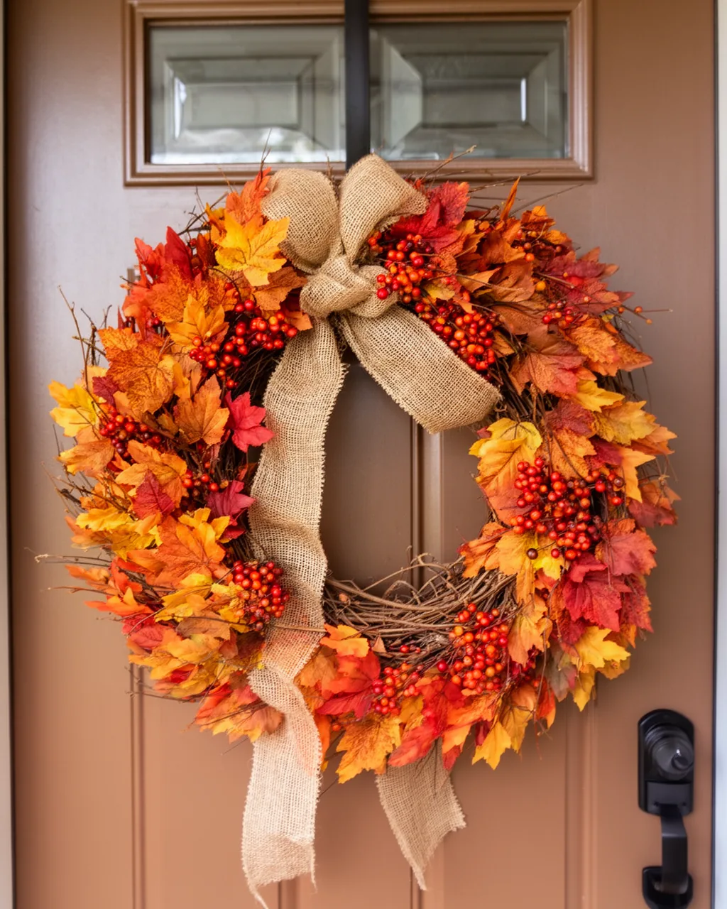 Grapevine fall wreath with berries and burlap ribbon