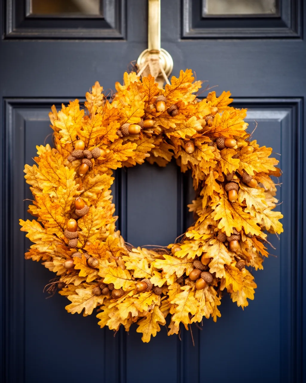 Oak leaf and acorn fall wreath on a navy door