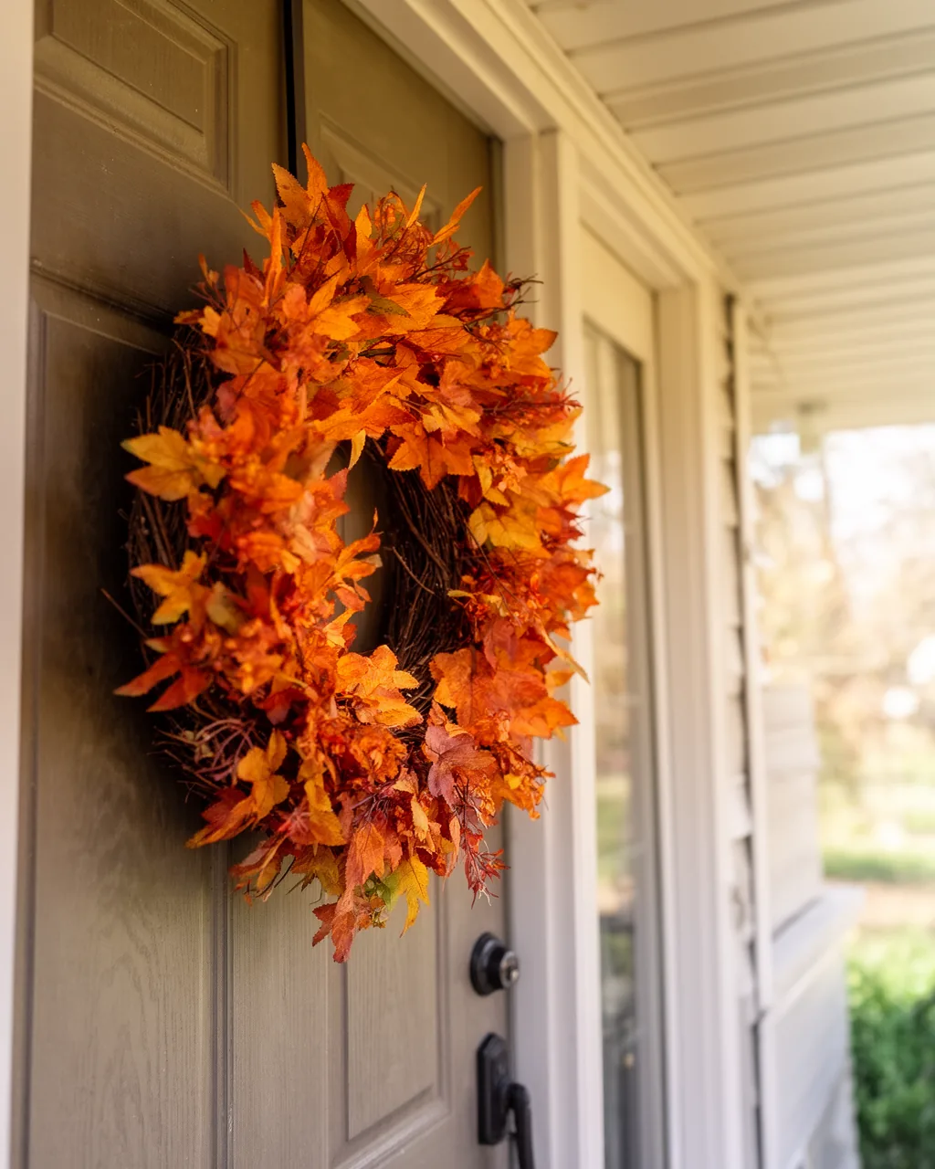 Weatherproof faux foliage fall wreath on a porch door