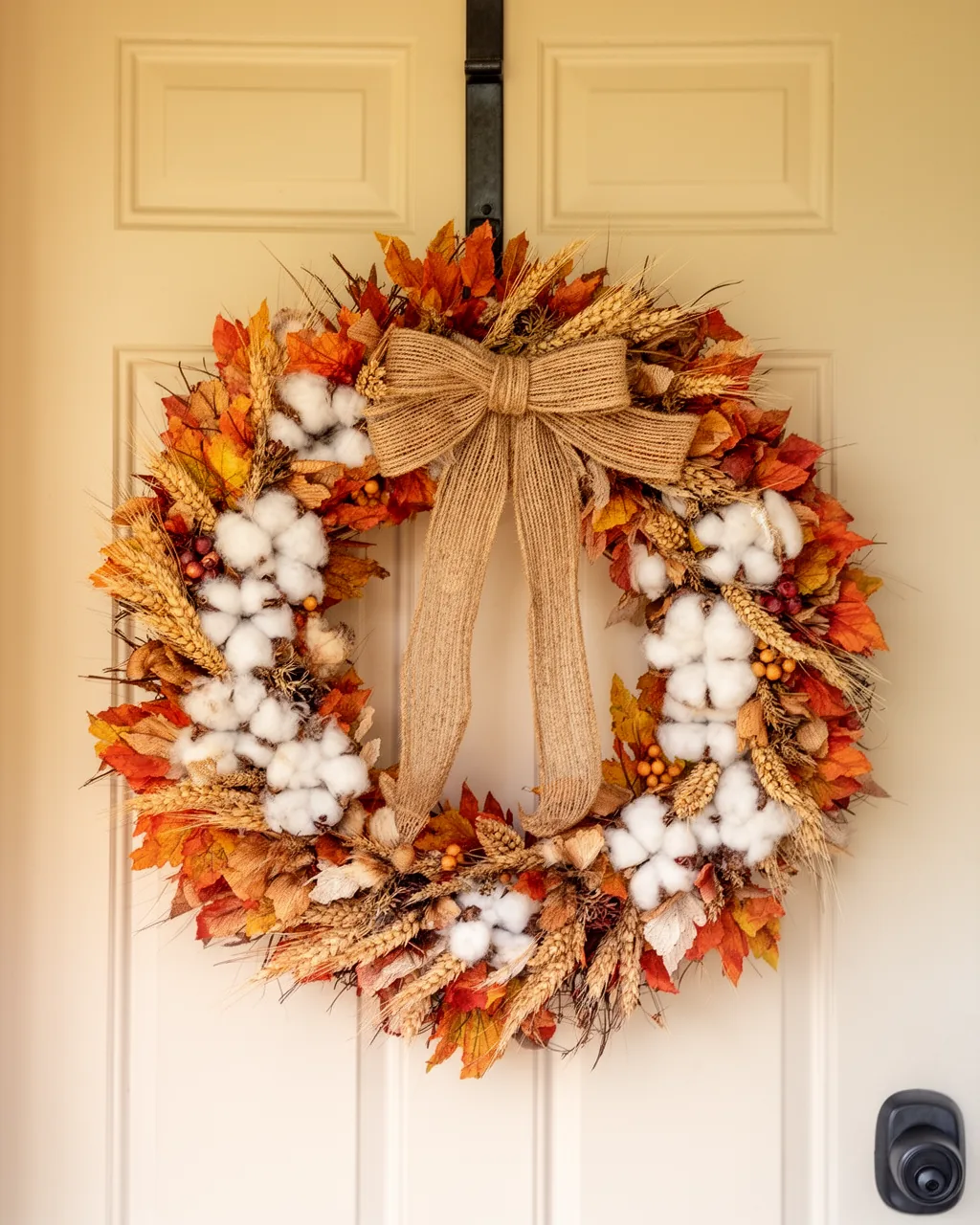 Farmhouse wheat and cotton wreath on a cream door
