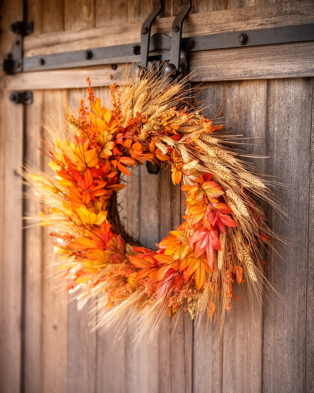 Dried grass and wheat wreath on a barn style door