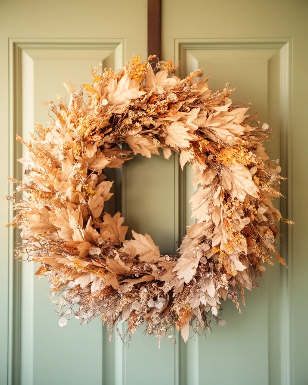 Neutral beige and tan fall wreath on a sage door