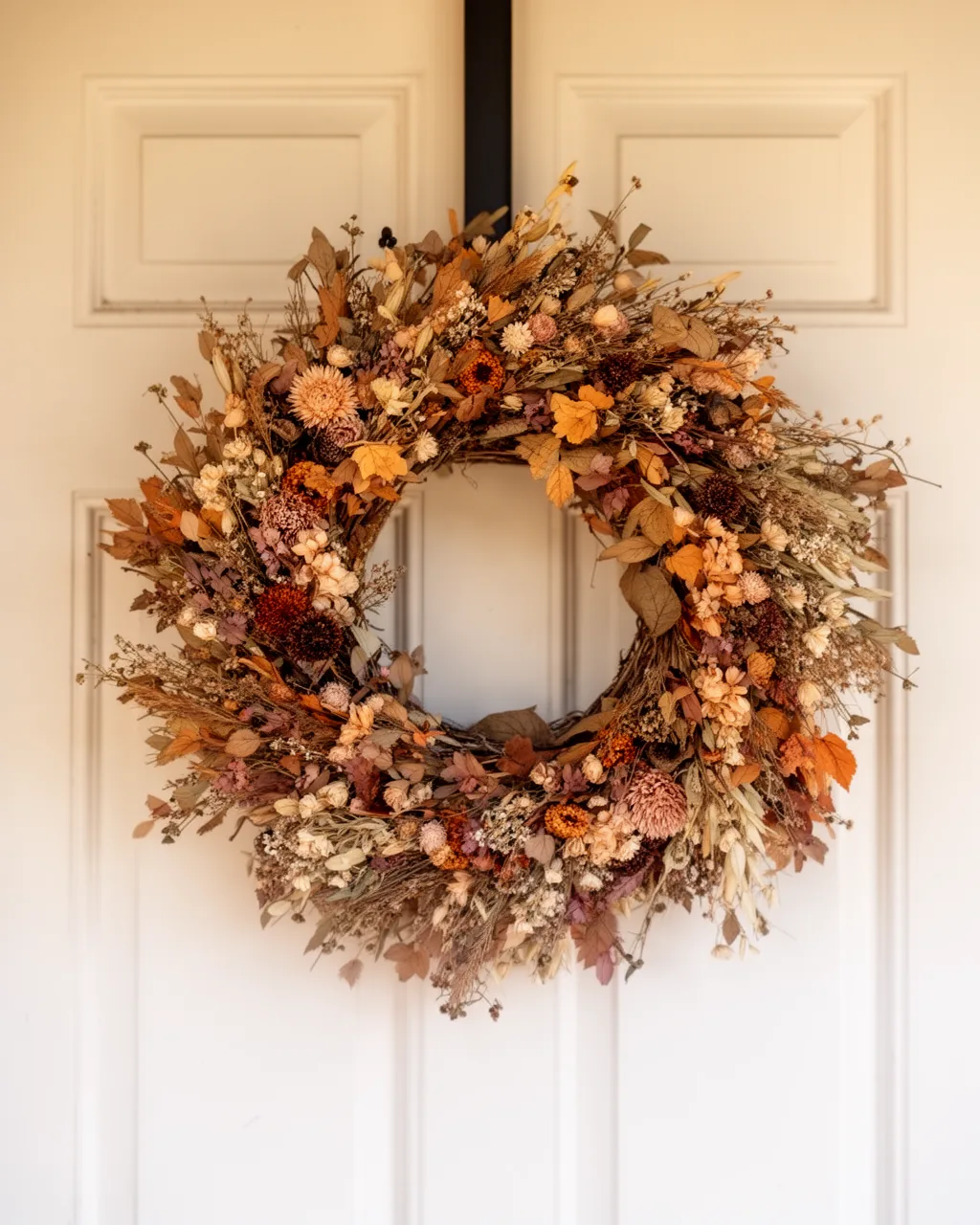 Dried flower fall wreath in muted tones on a cottage door