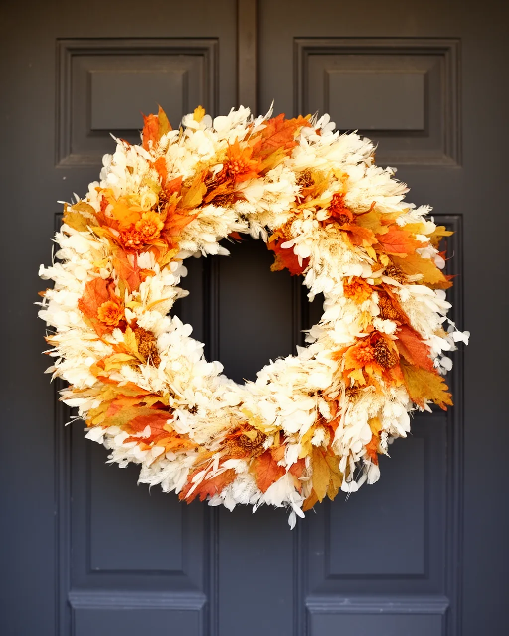 Cream and white wreath on a charcoal door