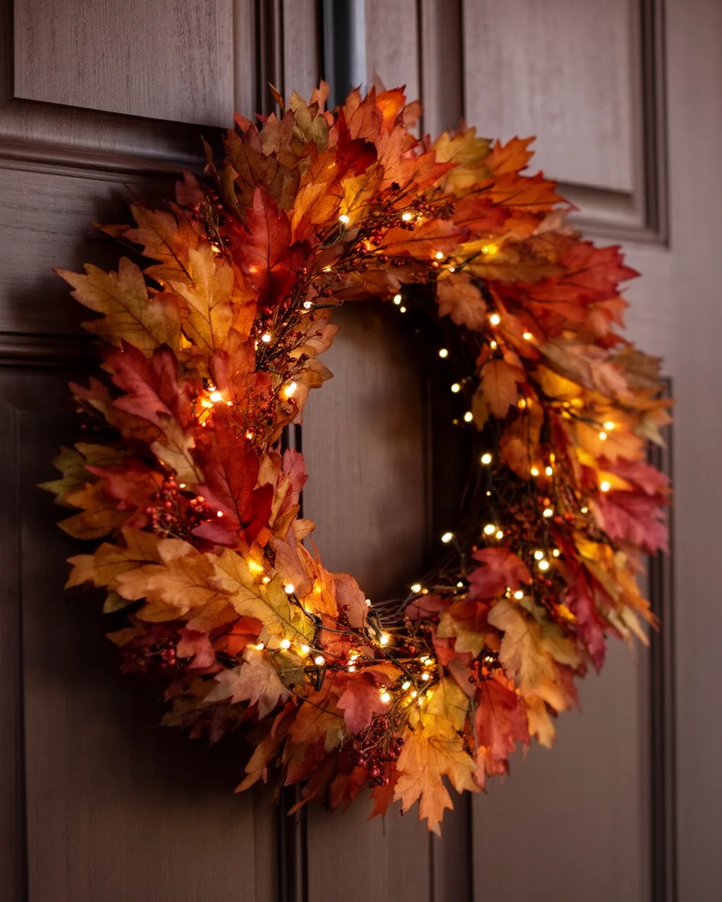 Fall wreath with warm white fairy lights at dusk