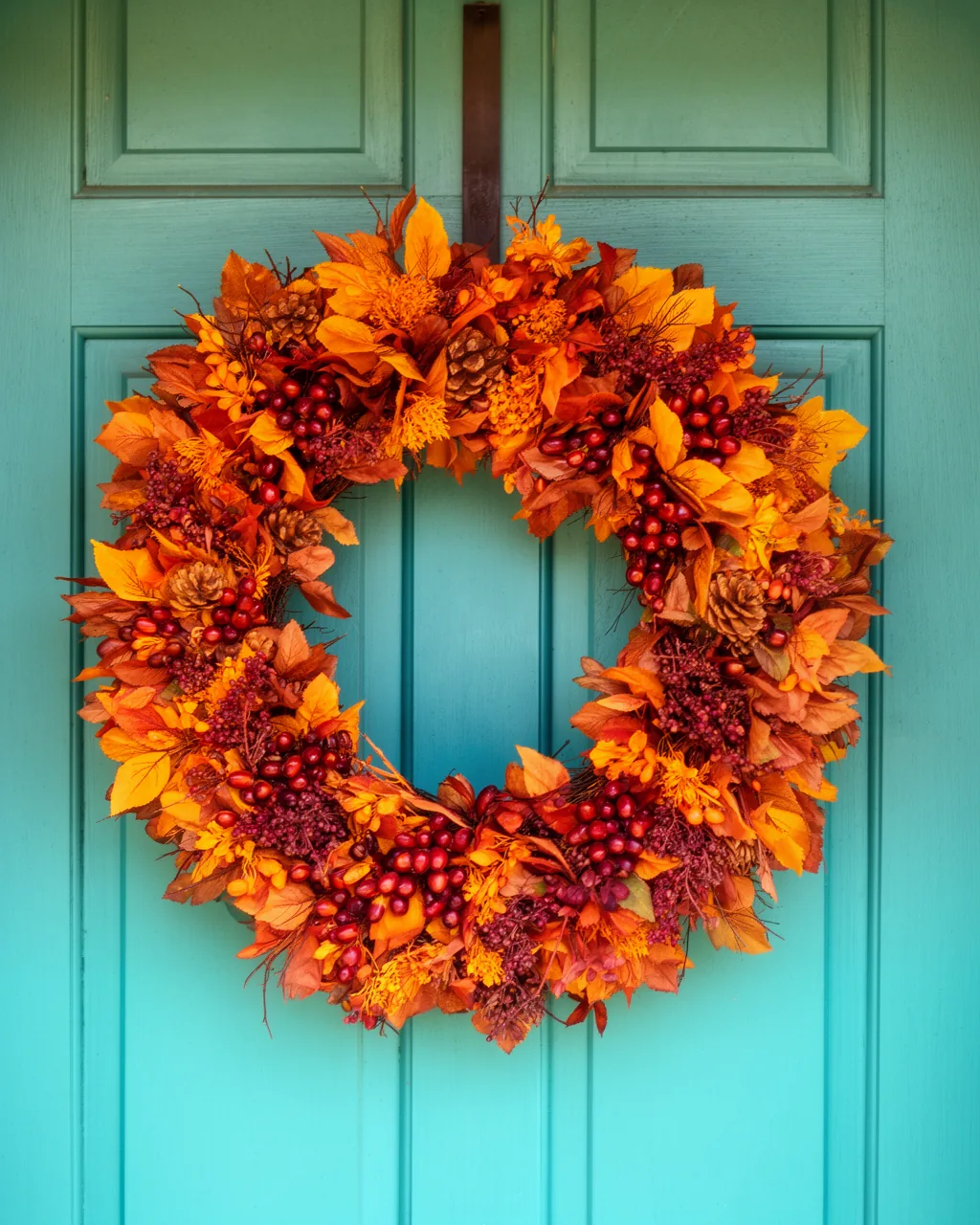 Jewel tone fall wreath on a teal door