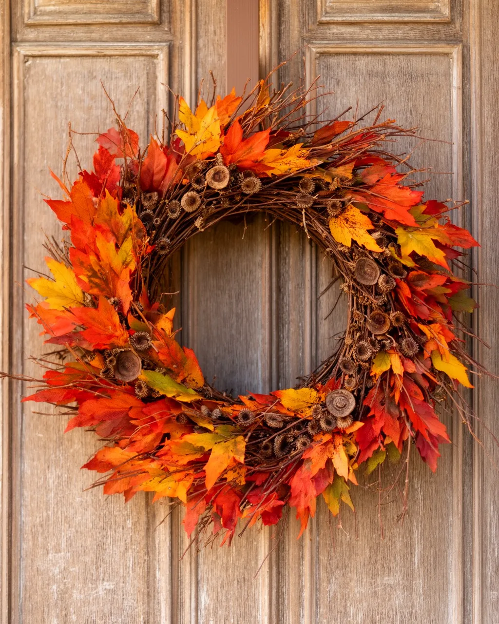 Foraged twig and seed pod wreath on weathered wood