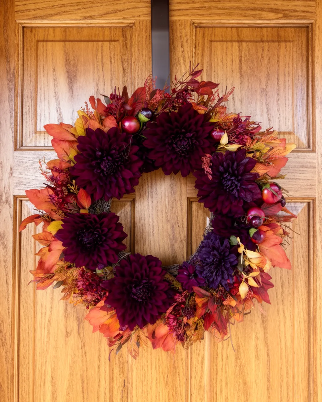 Burgundy and plum dahlia fall wreath on an oak door