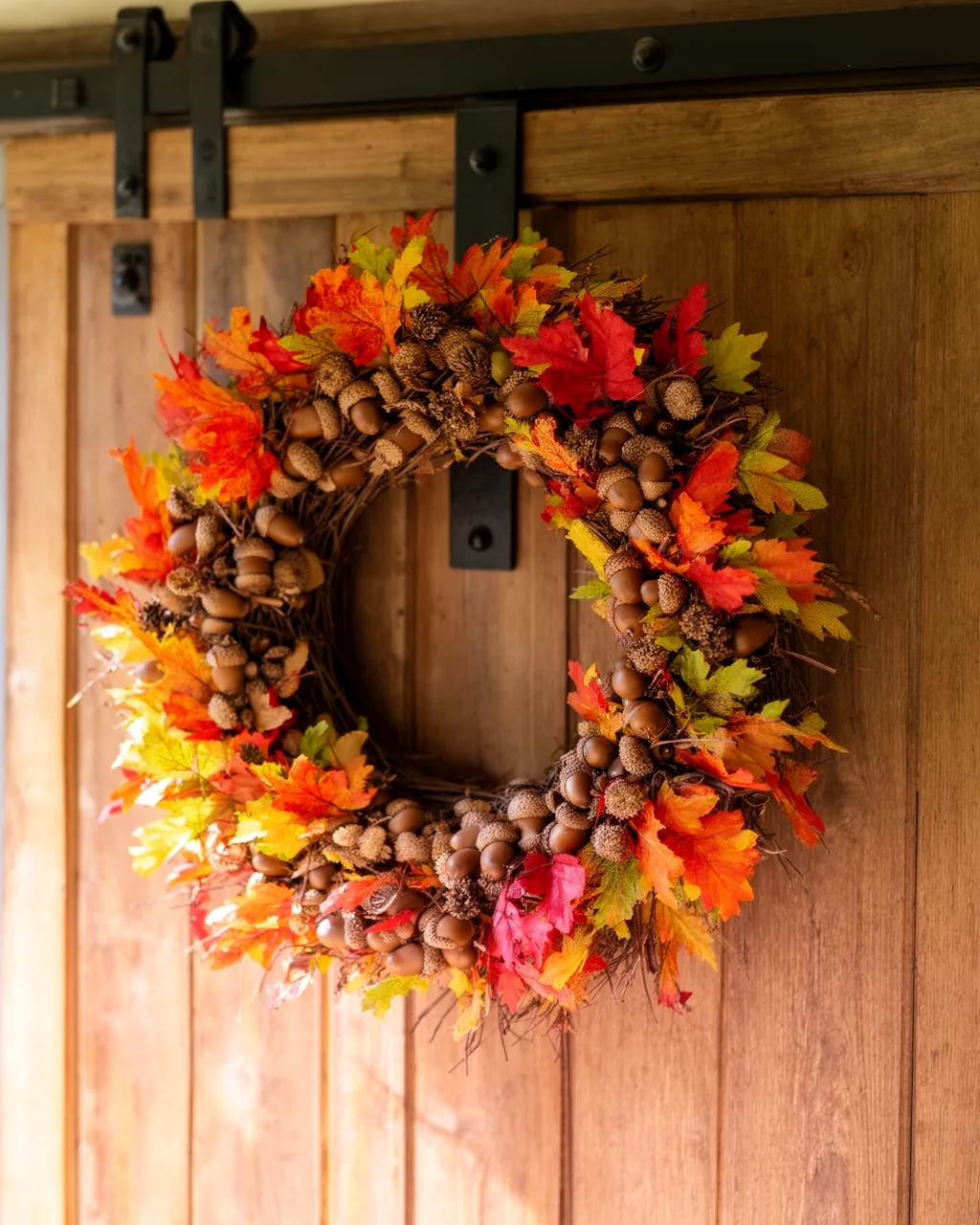 Foraged branch and acorn fall wreath on a barn door