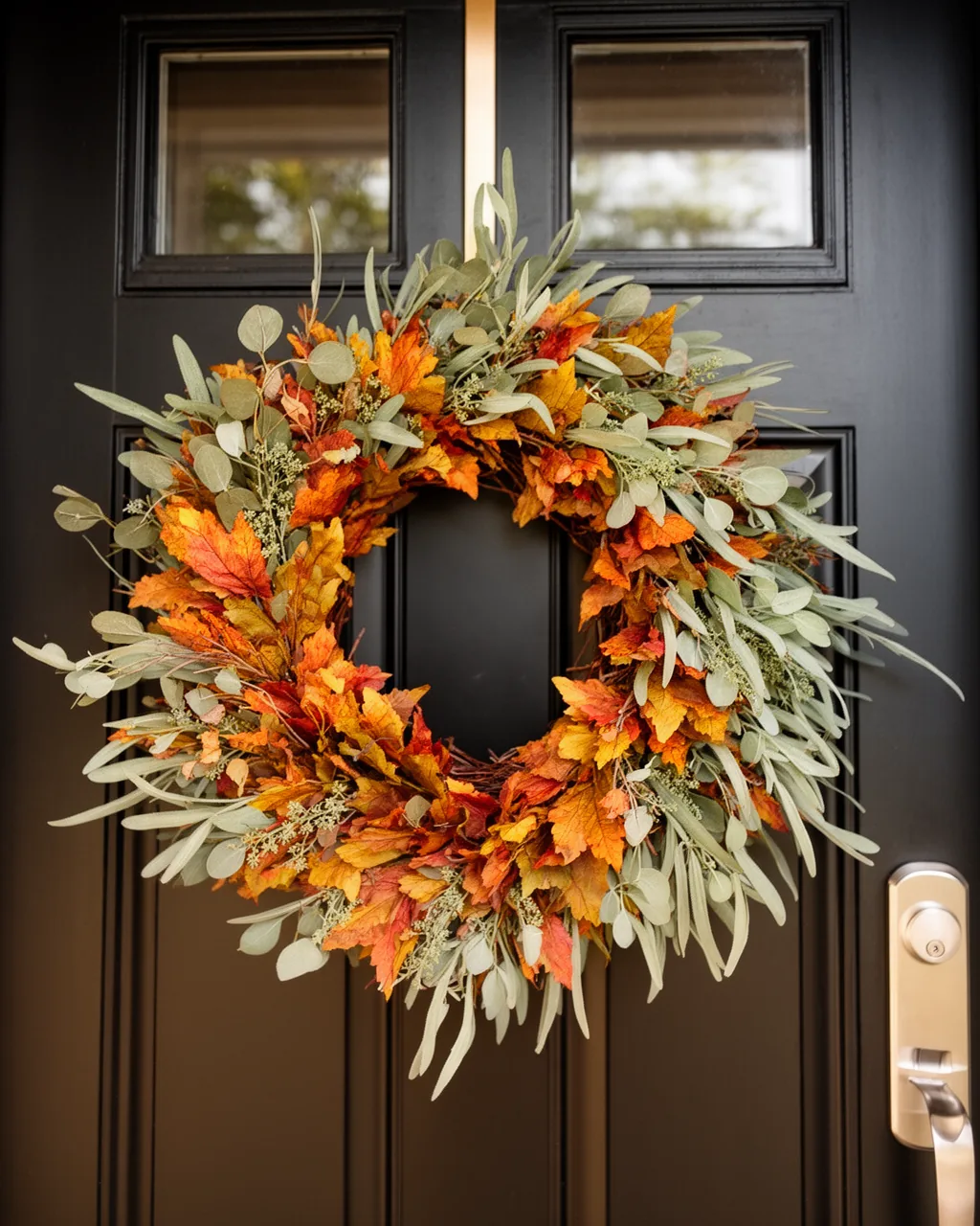 Eucalyptus and sage green wreath on a black door
