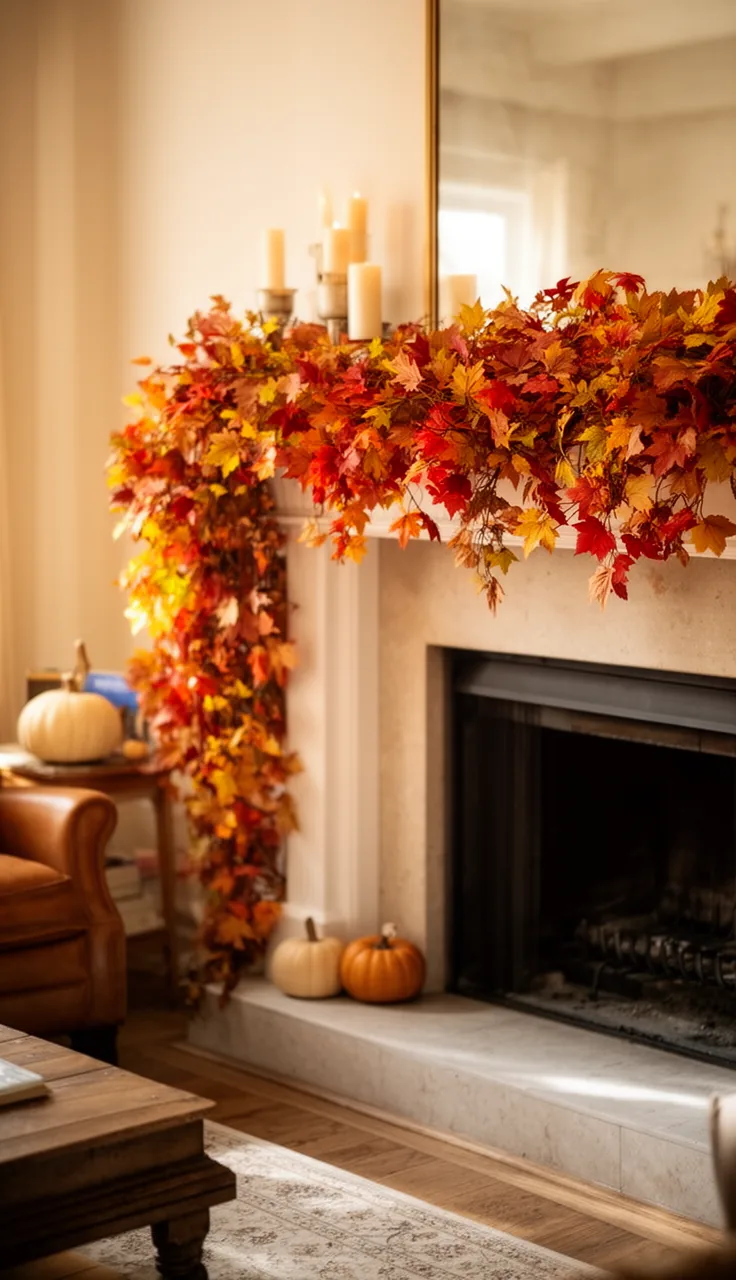 Fall garland draped across a mantel with candles and pumpkins