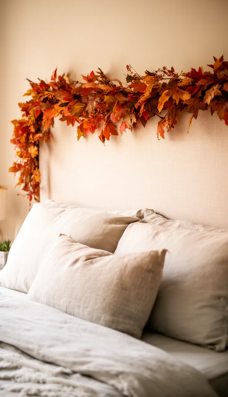 Fall garland draped along a bedroom headboard