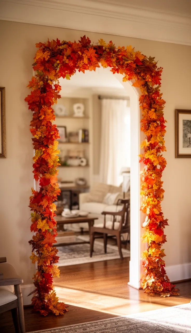Fall garland draped across an interior doorway arch