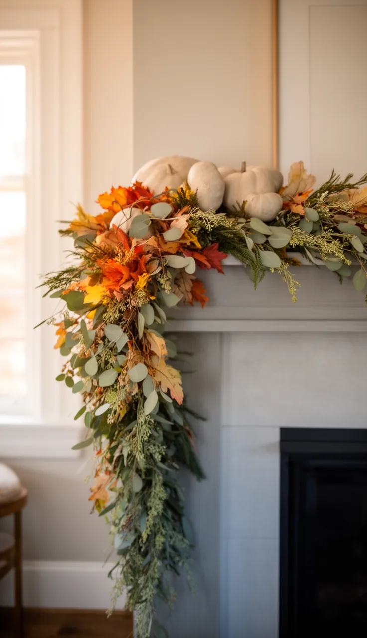 Eucalyptus and greenery fall garland on a modern mantel
